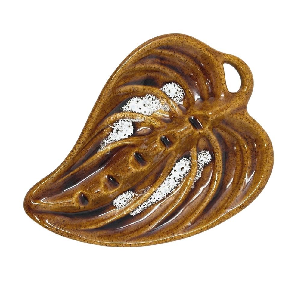 Vintage Mid Century Brown Ceramic Leaf Ashtray Drip Glaze Monstera Trinket Dish